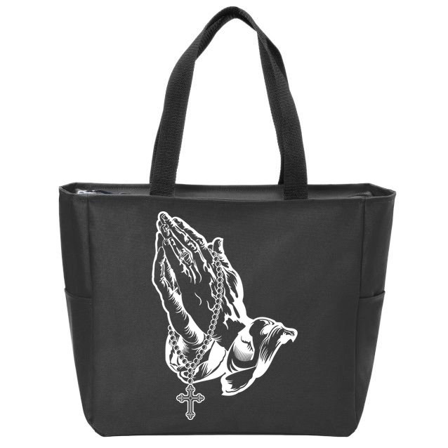 Pray Praying Hands Rosary Cross Zip Tote Bag