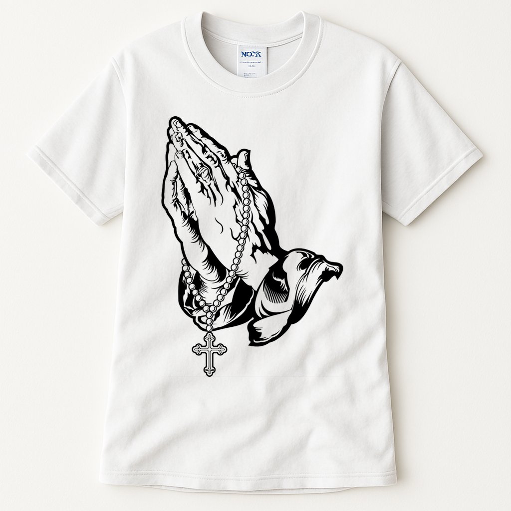 Pray Praying Hands Rosary Cross Tall T-Shirt