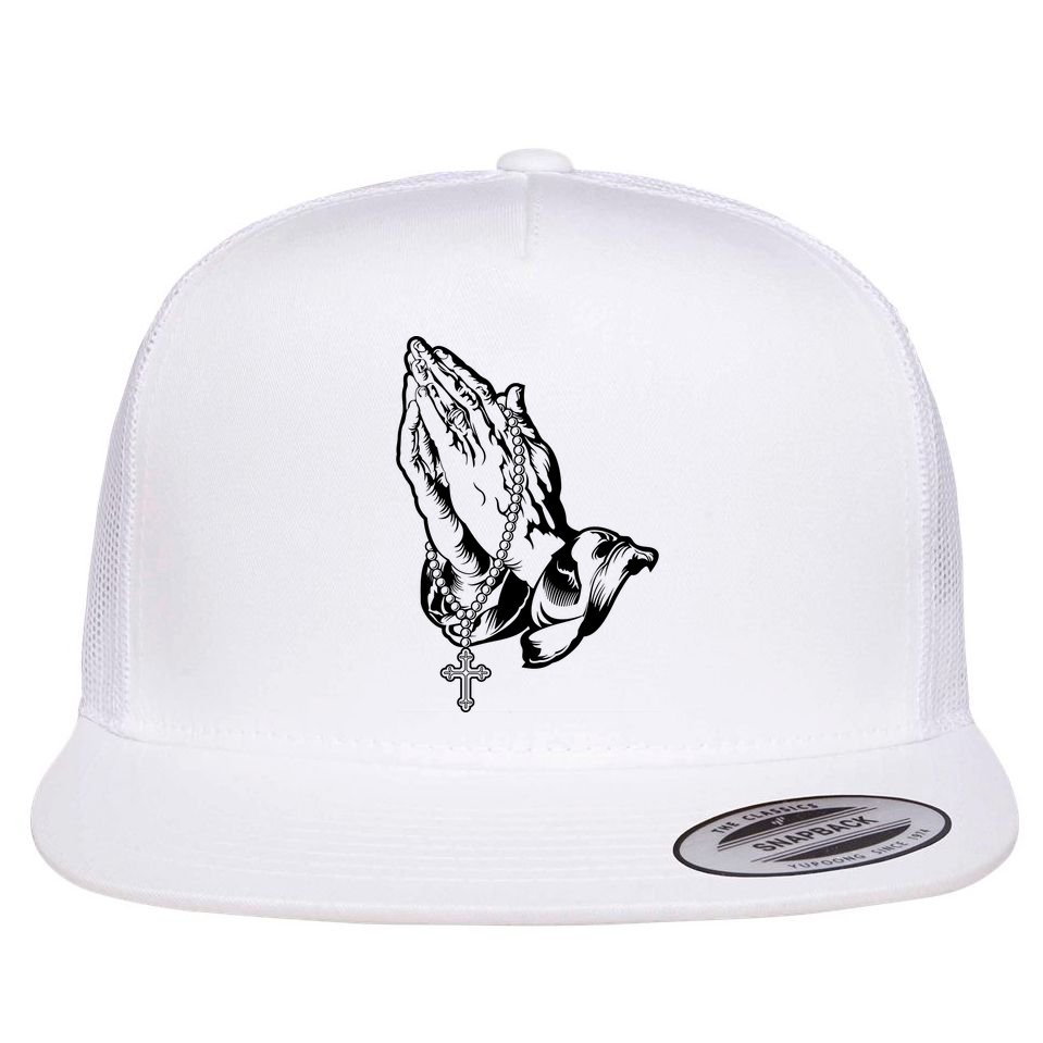 Pray Praying Hands Rosary Cross Flat Bill Trucker Hat