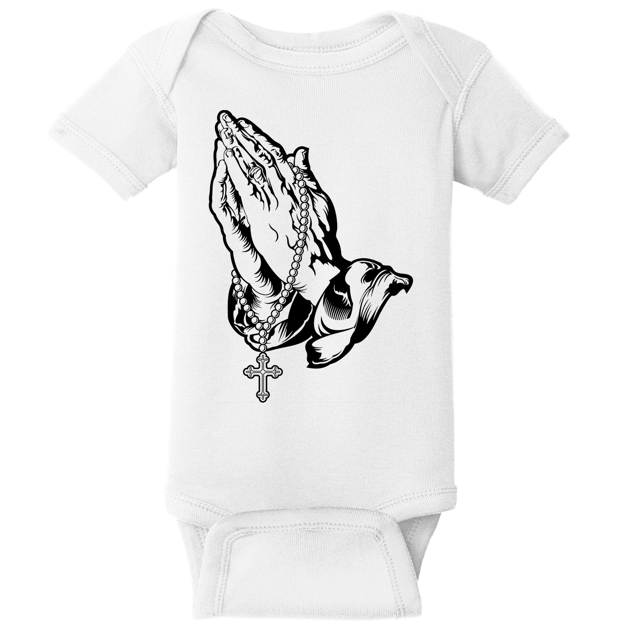 Pray Praying Hands Rosary Cross Baby Bodysuit