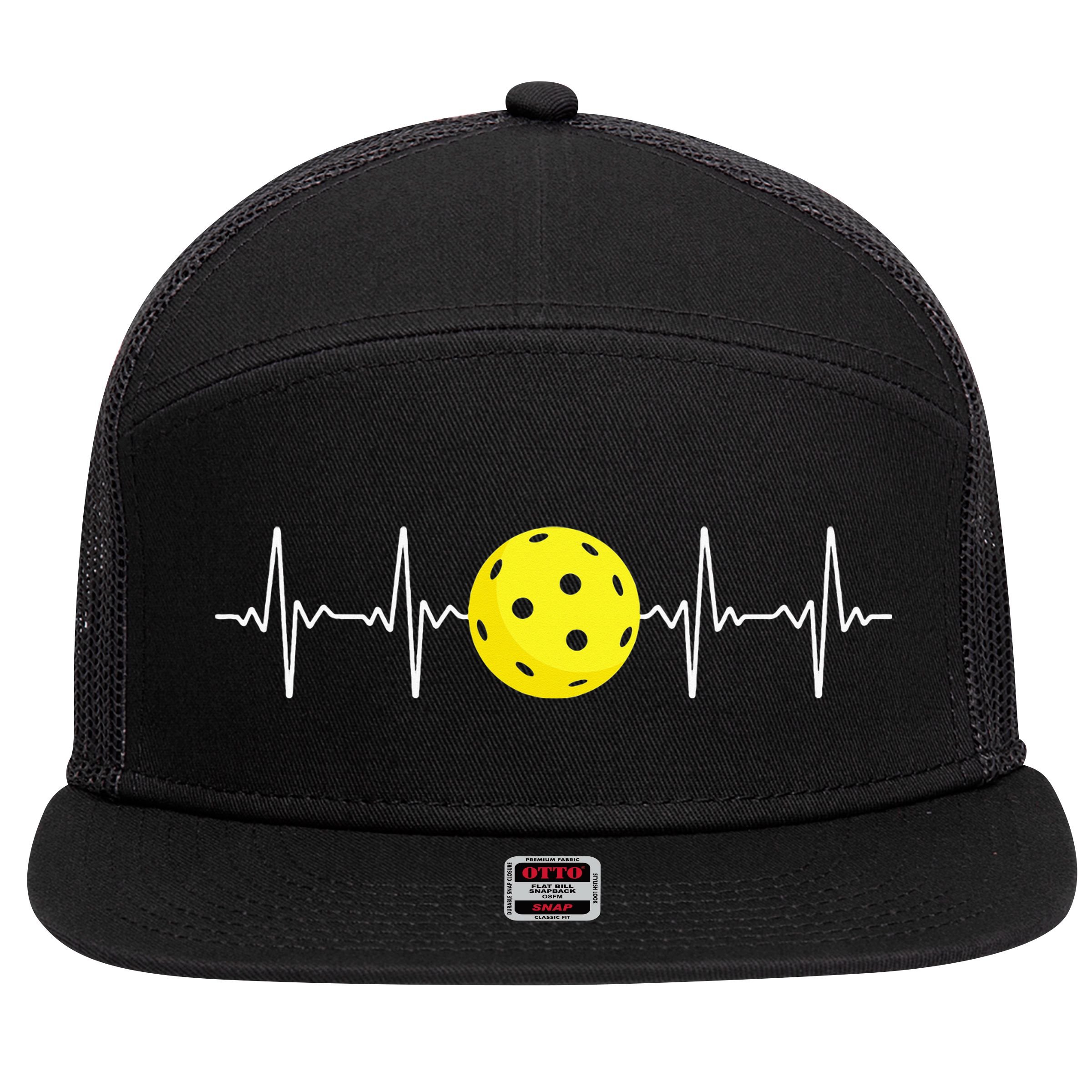 Pickleball Player Heartbeat EKG Pulse Whiffle Ball Game 7 Panel Mesh Trucker Snapback Hat