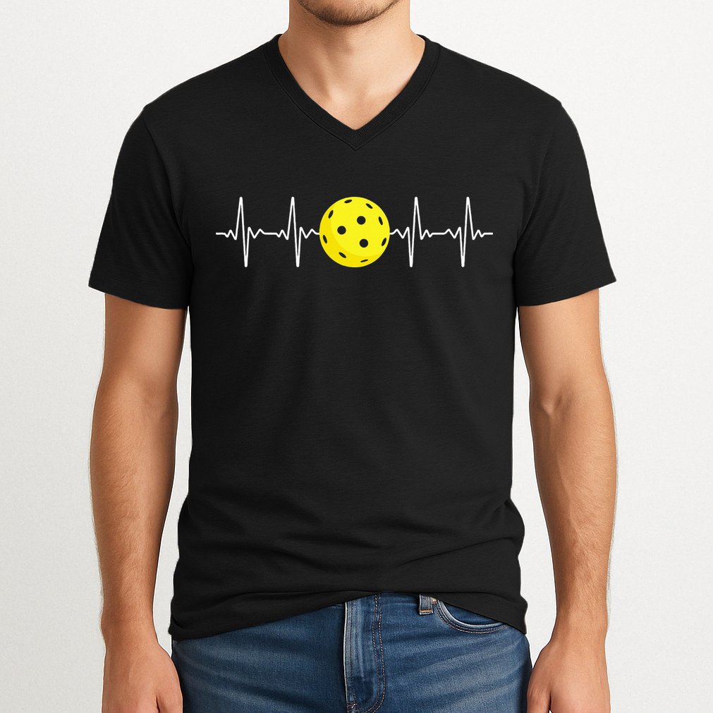 Pickleball Player Heartbeat EKG Pulse Whiffle Ball Game V-Neck T-Shirt