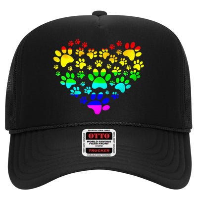 Paw Print Heartbeat Rainbow Inspired Dog Paw print Gifts High Crown Mesh Back Trucker Hat