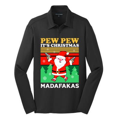 Pew Pew Its Christmas Mudafakas Funny Santa With Guns Game Silk Touch Performance Long Sleeve Polo