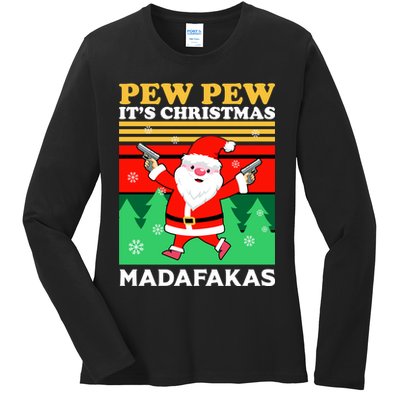 Pew Pew Its Christmas Mudafakas Funny Santa With Guns Game Ladies Long Sleeve Shirt