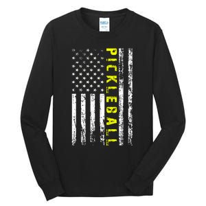 Pickleball Distressed USA Flag Tall Long Sleeve T-Shirt