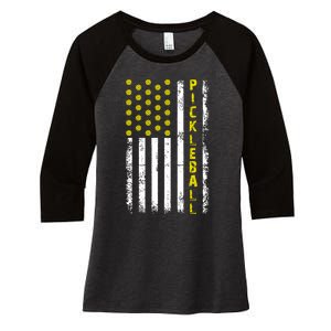 Pickleball Distressed USA Flag Women's Tri-Blend 3/4-Sleeve Raglan Shirt