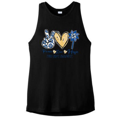 Pinwheel Peace Love Hope Child Abuse Prevention Awareness Ladies PosiCharge Tri-Blend Wicking Tank