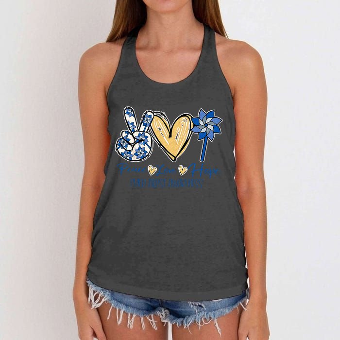 Pinwheel Peace Love Hope Child Abuse Prevention Awareness Women's Knotted Racerback Tank