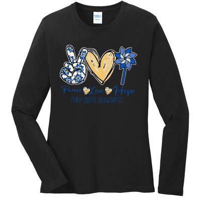 Pinwheel Peace Love Hope Child Abuse Prevention Awareness Ladies Long Sleeve Shirt