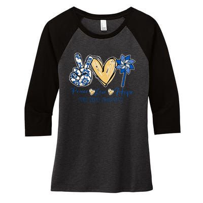 Pinwheel Peace Love Hope Child Abuse Prevention Awareness Women's Tri-Blend 3/4-Sleeve Raglan Shirt