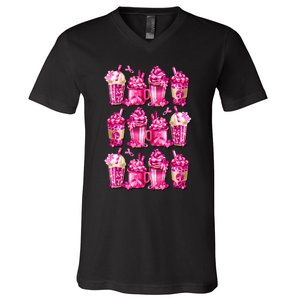 Pink Pattern Latte Love Graphic For Breast Cancer Awareness V-Neck T-Shirt