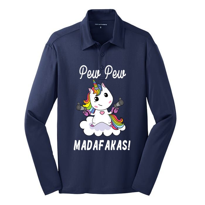 Pew Pew Madafakas Unicorn with Pistols Fantasy Silk Touch Performance Long Sleeve Polo