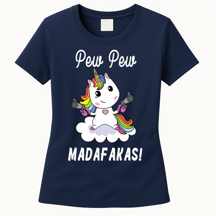 Pew Pew Madafakas Unicorn with Pistols Fantasy Womens T-Shirt