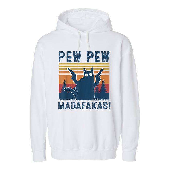 Pew Pew MadafakaS Vintage Crazy Cat Funny Graphic Garment-Dyed Fleece Hoodie