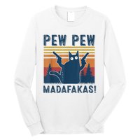 Pew Pew MadafakaS Vintage Crazy Cat Funny Graphic Long Sleeve Shirt