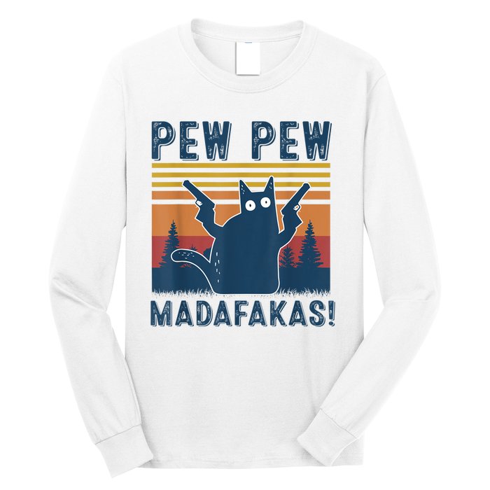 Pew Pew MadafakaS Vintage Crazy Cat Funny Graphic Long Sleeve Shirt