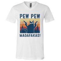 Pew Pew MadafakaS Vintage Crazy Cat Funny Graphic V-Neck T-Shirt