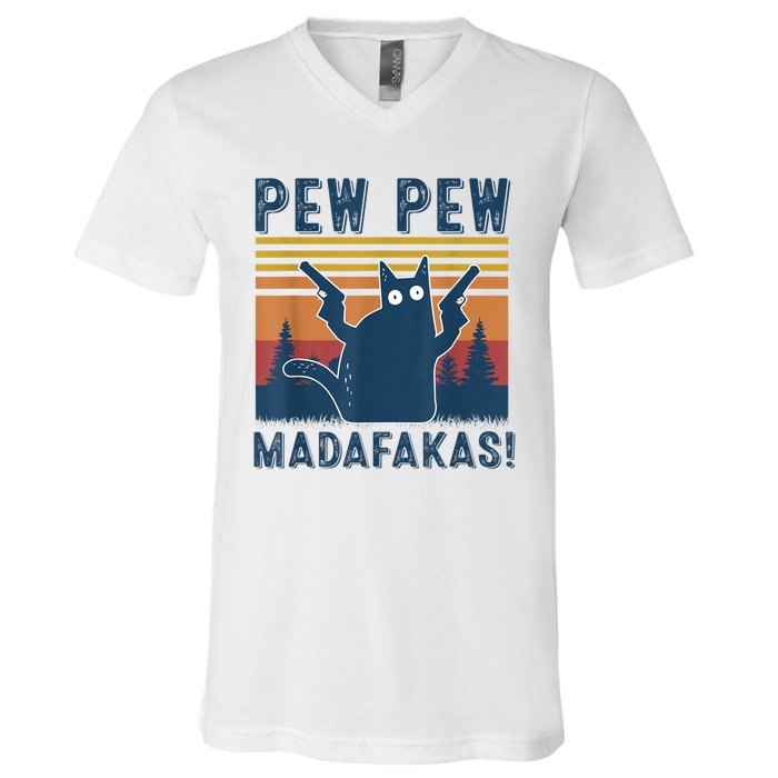 Pew Pew MadafakaS Vintage Crazy Cat Funny Graphic V-Neck T-Shirt