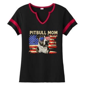 Patriotic Pitbull Mom Gifts 4th Of July American Flag USA Ladies Halftime Notch Neck Tee