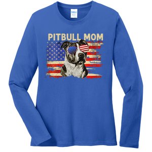 Patriotic Pitbull Mom Gifts 4th Of July American Flag USA Ladies Long Sleeve Shirt