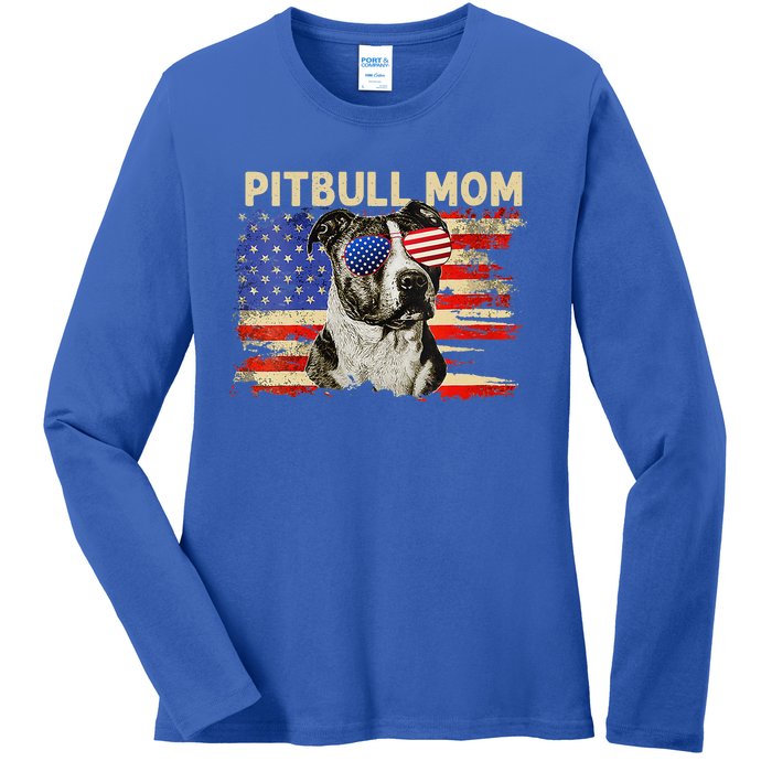 Patriotic Pitbull Mom Gifts 4th Of July American Flag USA Ladies Long Sleeve Shirt