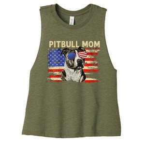 Patriotic Pitbull Mom Gifts 4th Of July American Flag USA Women's Racerback Cropped Tank