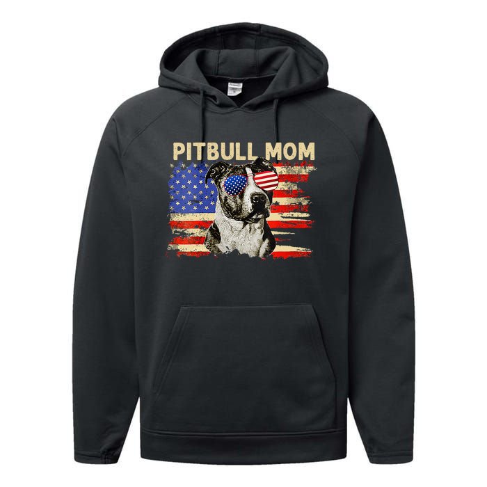 Patriotic Pitbull Mom Gifts 4th Of July American Flag USA Performance Fleece Hoodie