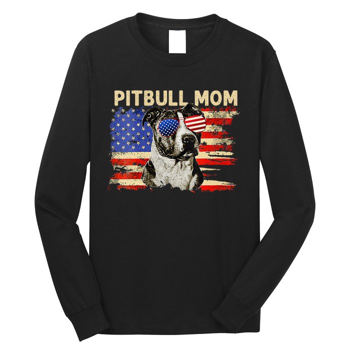 Patriotic Pitbull Mom Gifts 4th Of July American Flag USA Long Sleeve Shirt