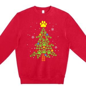 Paw Print Merry Christmas Tree Lights Dog Lover Xmas Premium Crewneck Sweatshirt