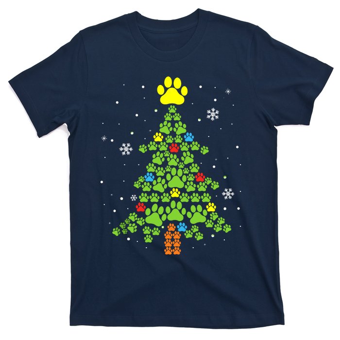 Paw Print Merry Christmas Tree Lights Dog Lover Xmas T-Shirt