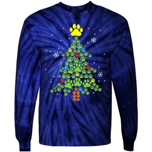 Paw Print Merry Christmas Tree Lights Dog Lover Xmas Tie-Dye Long Sleeve Shirt