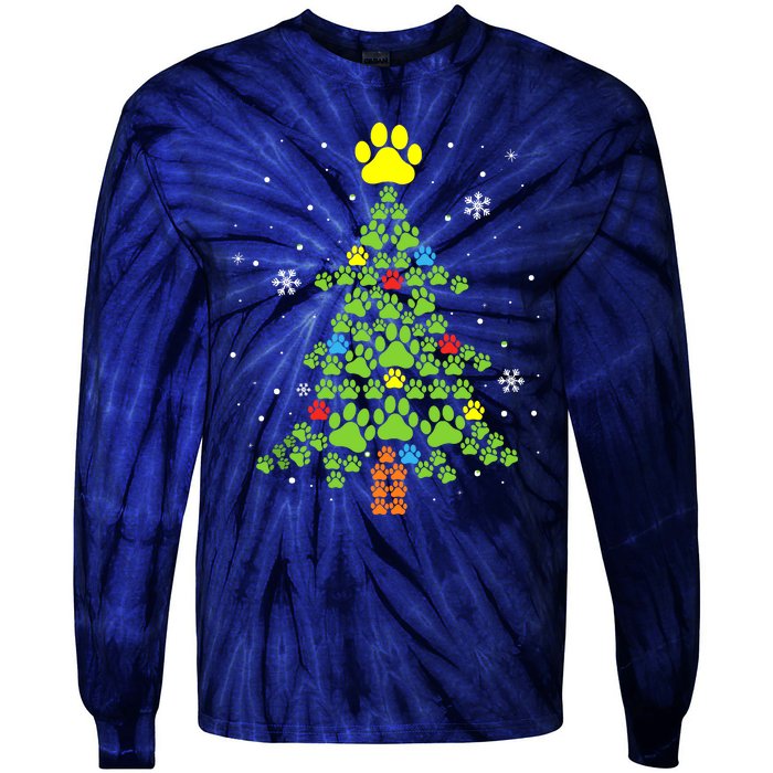 Paw Print Merry Christmas Tree Lights Dog Lover Xmas Tie-Dye Long Sleeve Shirt