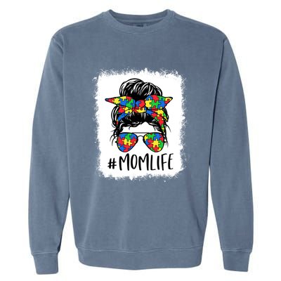 Puzzle Piece Messy Bun Mom Life Autism Mom Autism Awareness Meaningful Gift Garment-Dyed Sweatshirt