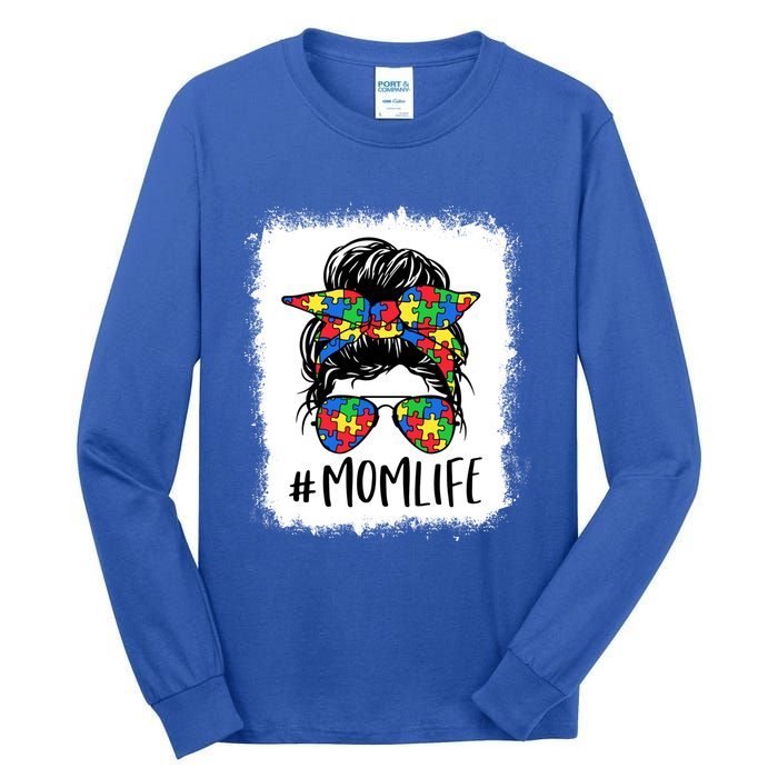 Puzzle Piece Messy Bun Mom Life Autism Mom Autism Awareness Meaningful Gift Tall Long Sleeve T-Shirt