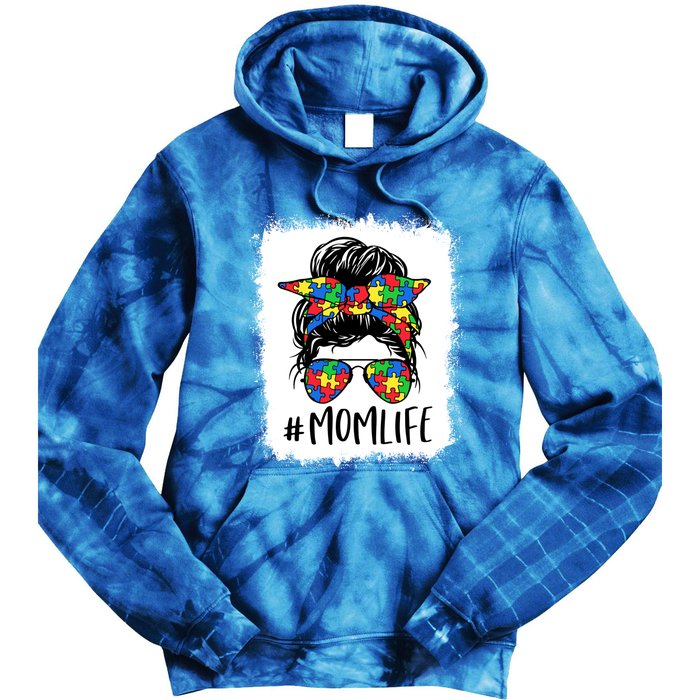 Puzzle Piece Messy Bun Mom Life Autism Mom Autism Awareness Meaningful Gift Tie Dye Hoodie