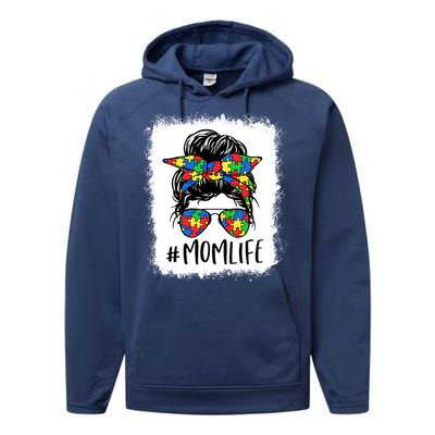 Puzzle Piece Messy Bun Mom Life Autism Mom Autism Awareness Meaningful Gift Performance Fleece Hoodie