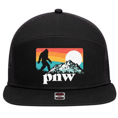 Pnw Pacific Northwest Bigfoot Mountains Retro 80s Graphic 7 Panel Mesh Trucker Snapback Hat