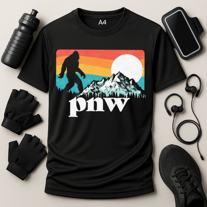 Pnw Pacific Northwest Bigfoot Mountains Retro 80s Graphic Cooling Performance Crew T-Shirt