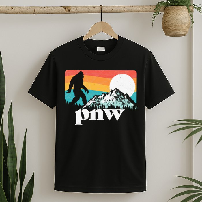 Pnw Pacific Northwest Bigfoot Mountains Retro 80s Graphic T-Shirt