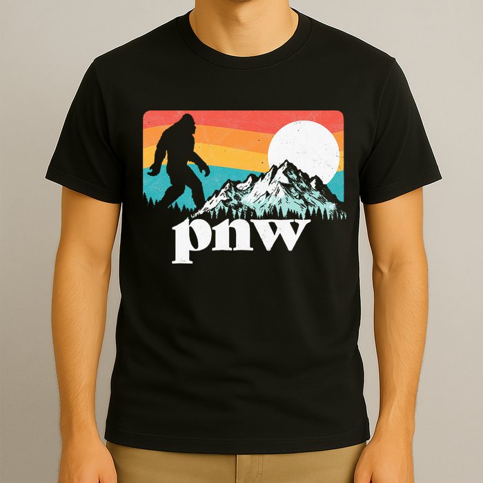 Pnw Pacific Northwest Bigfoot Mountains Retro 80s Graphic T-Shirt