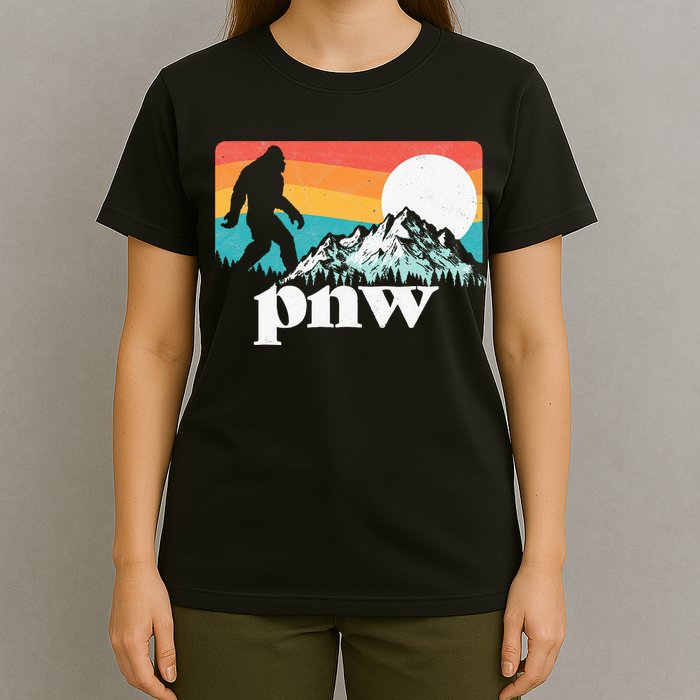 Pnw Pacific Northwest Bigfoot Mountains Retro 80s Graphic T-Shirt
