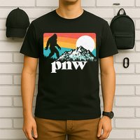 Pnw Pacific Northwest Bigfoot Mountains Retro 80s Graphic T-Shirt