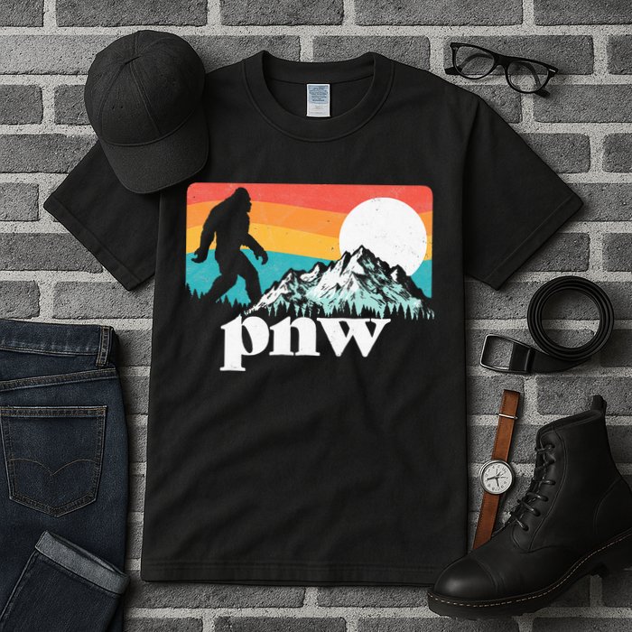 Pnw Pacific Northwest Bigfoot Mountains Retro 80s Graphic Tall T-Shirt