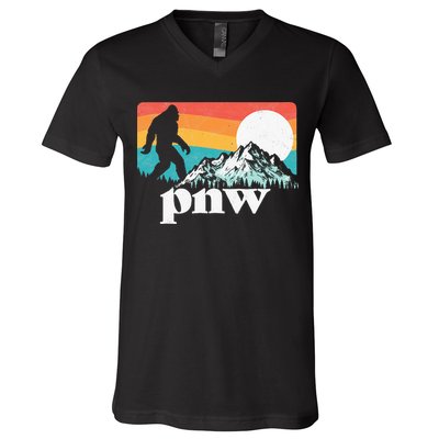 Pnw Pacific Northwest Bigfoot Mountains Retro 80s Graphic V-Neck T-Shirt