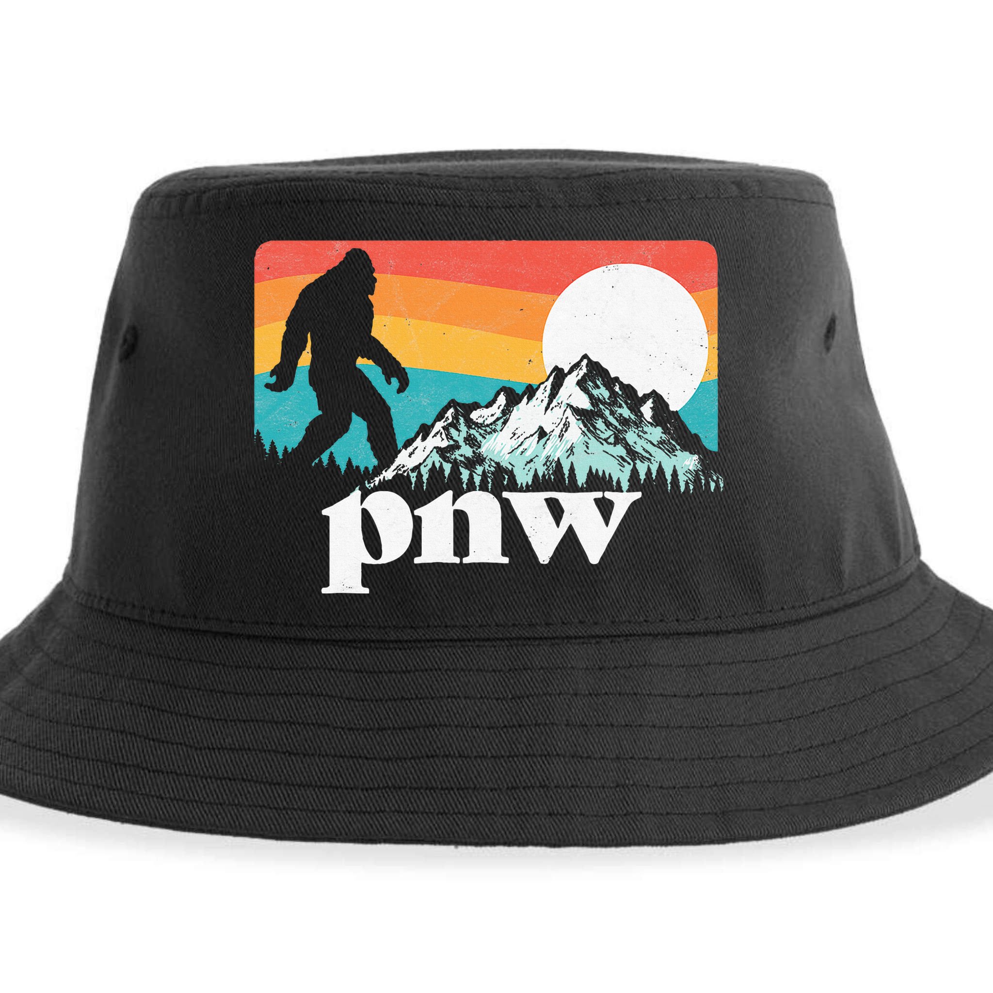 Pnw Pacific Northwest Bigfoot Mountains Retro 80s Graphic Sustainable Bucket Hat