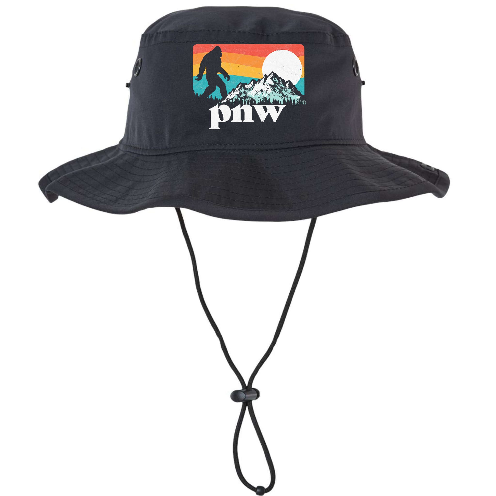 Pnw Pacific Northwest Bigfoot Mountains Retro 80s Graphic Bucket Hat