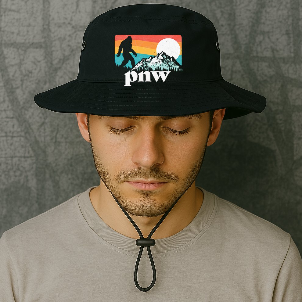 Pnw Pacific Northwest Bigfoot Mountains Retro 80s Graphic Bucket Hat
