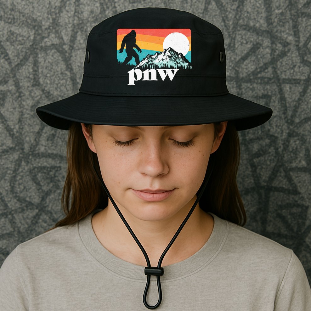Pnw Pacific Northwest Bigfoot Mountains Retro 80s Graphic Bucket Hat