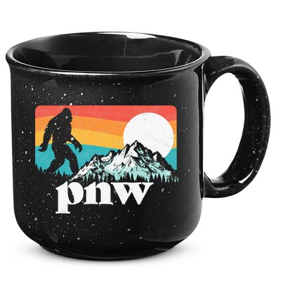 Pnw Pacific Northwest Bigfoot Mountains Retro 80s Graphic 15oz Campfire Ceramic Mug
